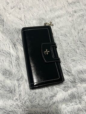 Black Glossy Leather Wallet with Gold Cross Star Chain Accent LIKE NEW